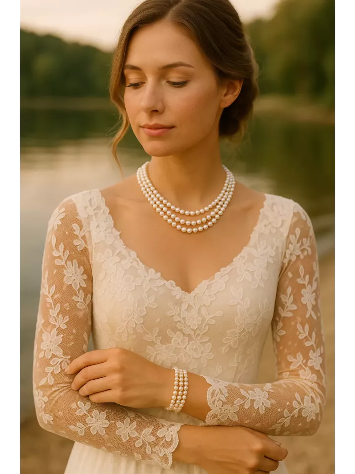 Huron – Collier de mariée 3 rangs de perles nacrées Swarovski-Fermoir 3 rangs doré à l’or fin