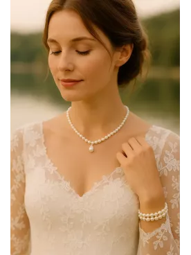 Garde – Collier de mariée en perles nacrées Swarovski et goutte centrale