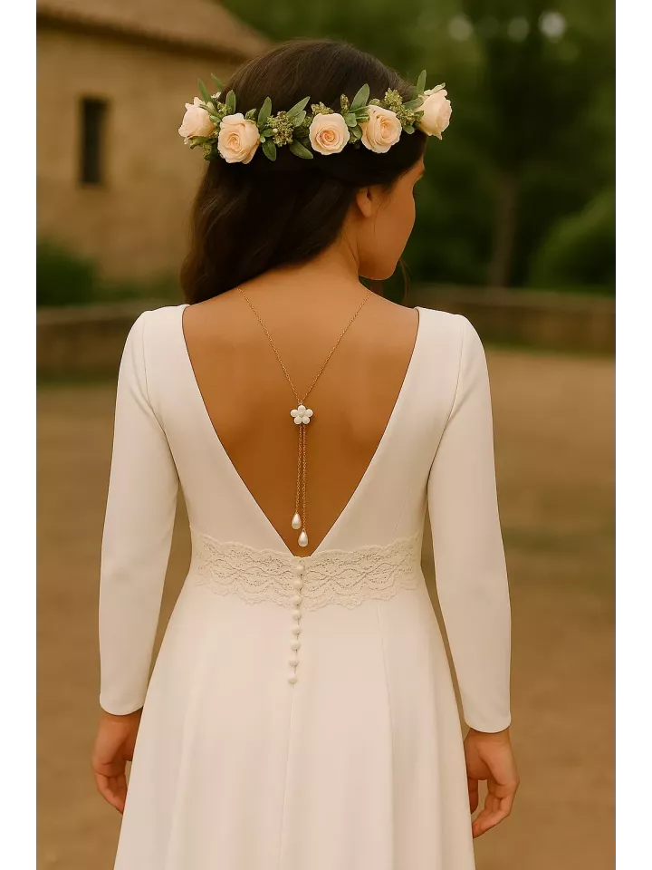Ivorya - Collier de Dos Mariée  – Fleur Nacrée & Perle Goutte Élégante