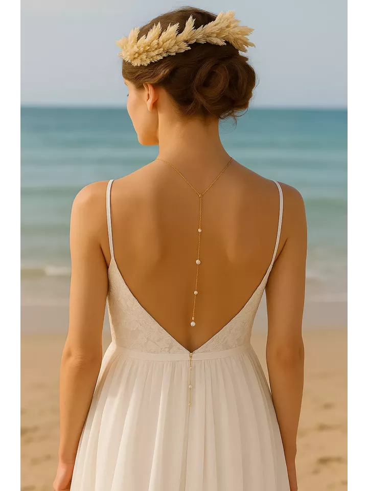 Deneb – Collier de dos mariage doré et perles nacrées, bijou délicat pour robe dos nu Deneb – Collier de dos mariage doré et perles nacrées, bijou délicat pour robe dos nu