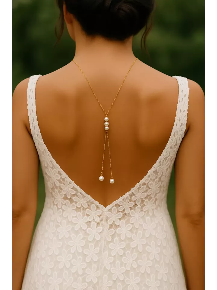 Betelgeuse- Collier de dos de mariée – Perles nacrées Swarovski acier inoxydable Betelgeuse- Collier de dos de mariée – Perles nacrées Swarovski acier inoxydable