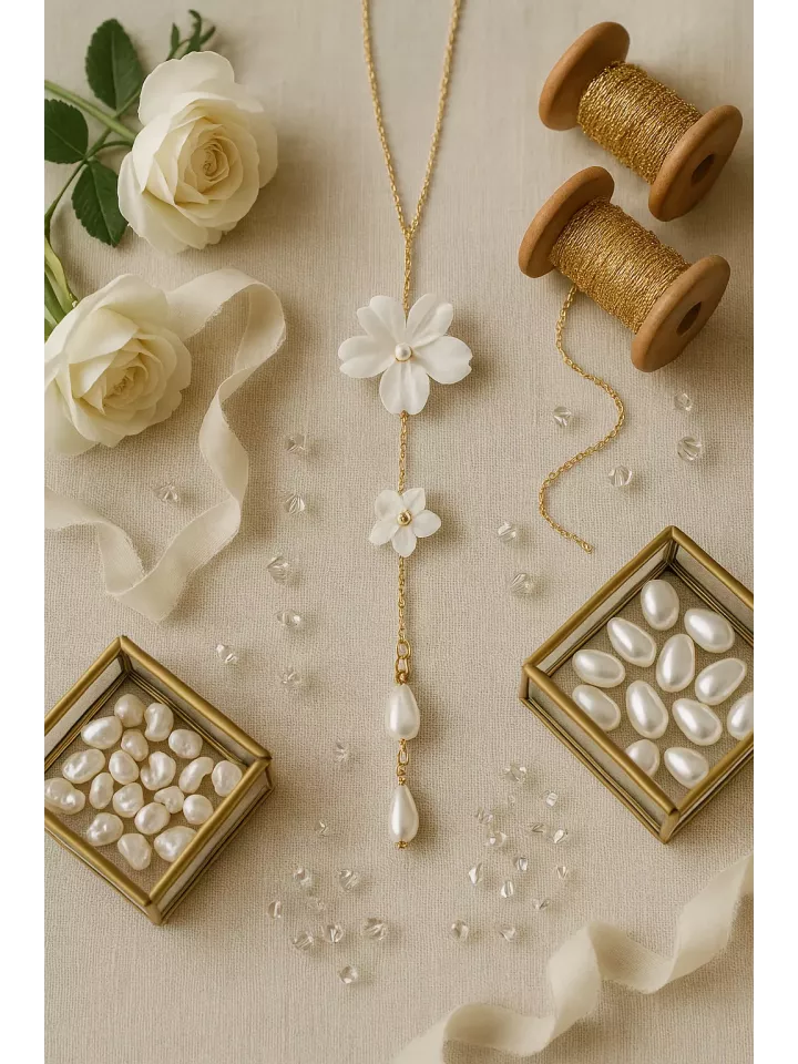 Délice de Soie - Collier de dos mariée– Fleurs de soie, perles nacrées & gouttes délicates