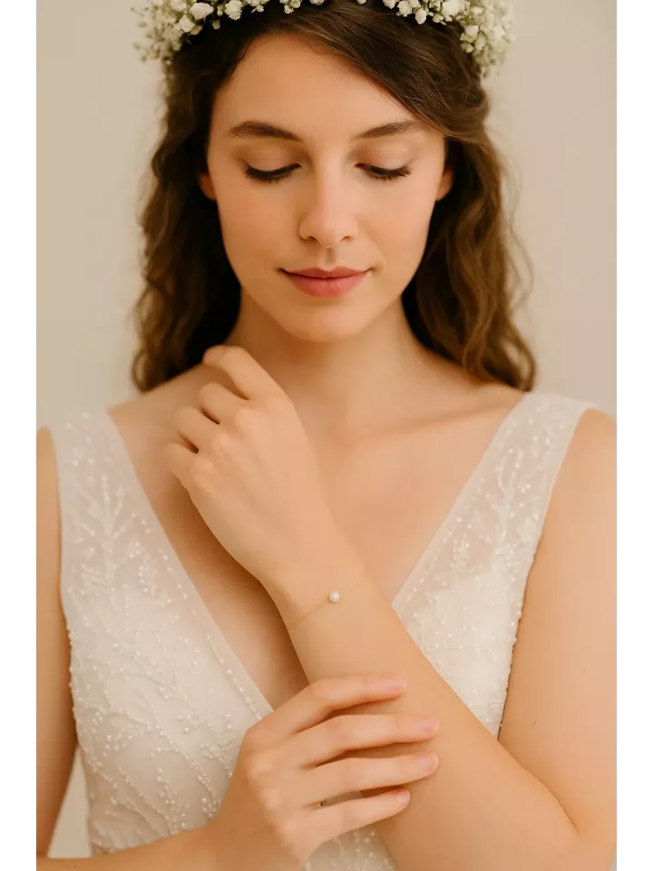 Orinoco – Bracelet de Mariée Fin en Perles Nacrées Swarovski et Cristaux sur Chaîne Dorée