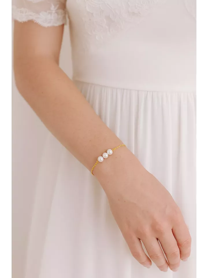 Gange – Bracelet de Mariée Fin en Perles Nacrées Swarovski sur Chaîne Dorée