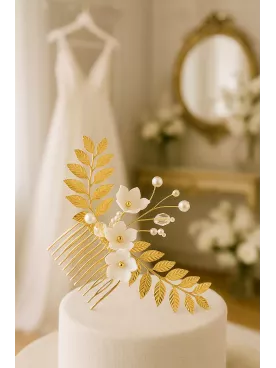 Harmonie – Peigne de mariée doré, fleurs et perles nacrées