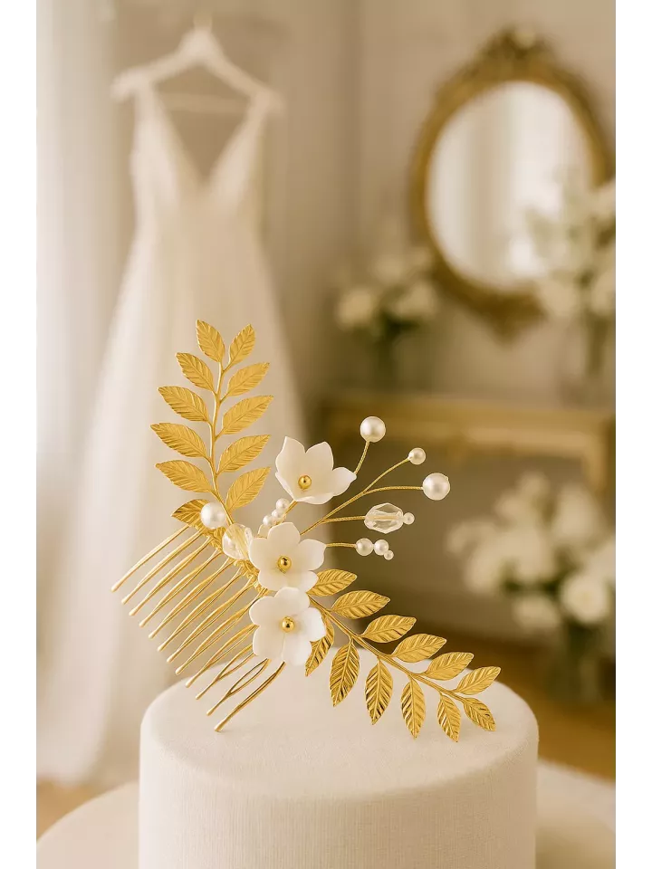 Harmonie – Peigne de mariée doré, fleurs et perles nacrées