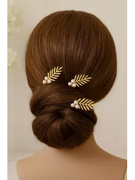 Feuilline - Pics à cheveux de mariée  – Lot de 3 feuilles dorées & perles nacrées Swarovski, coiffure mariage bohème et romantiq