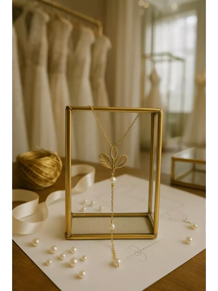 Pavin – Collier de dos mariée, décolleté dos nu, feuillage doré et perles Swarovski