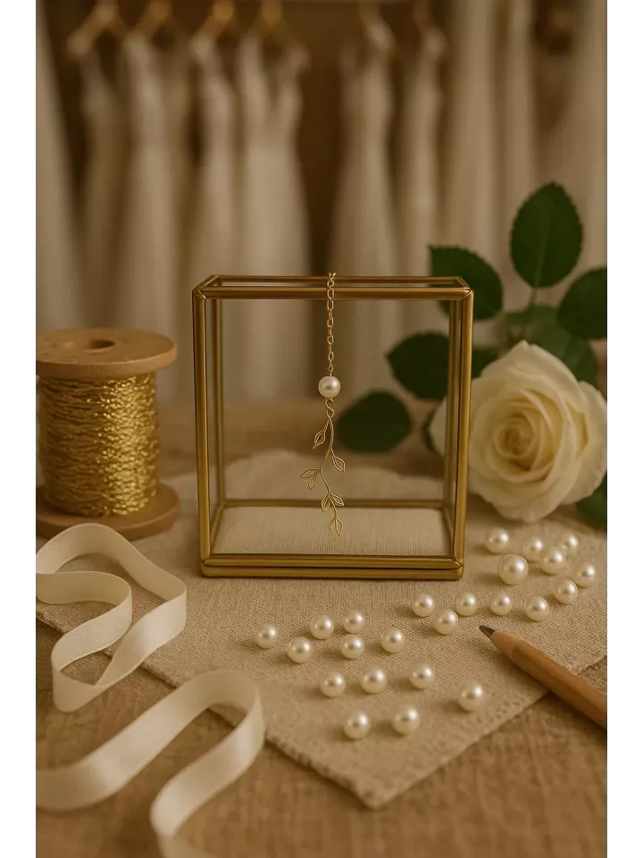 Calista - Pendentif de dos mariée  – Feuillage doré et perles Swarovski nacrées (vendu seul)