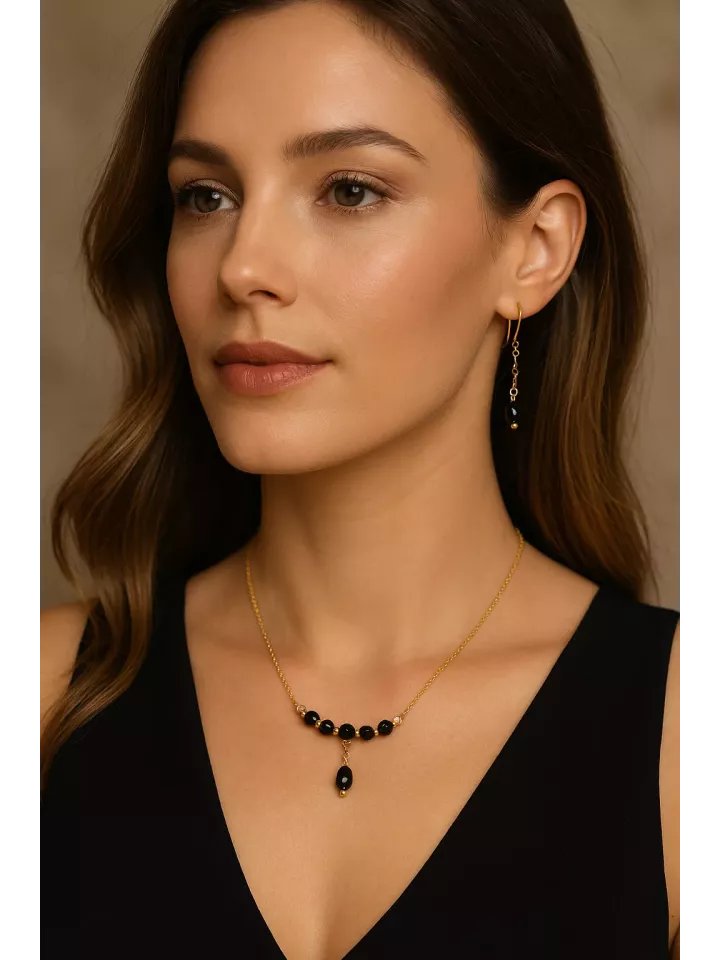 Santorin– Collier doré & cristal noir | Cadeau élégant pour témoin, maman ou soirée chic