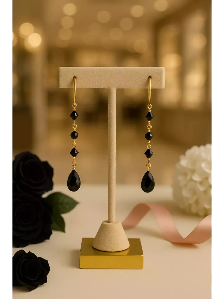 Pirae – Boucles d’oreilles de soirée dorées & cristal noir