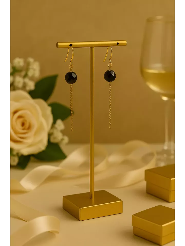 Mahina – Boucles d’oreilles de soirée dorées & cristal noir