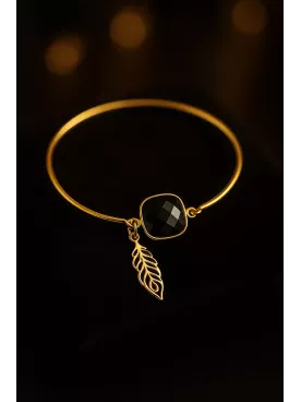 Antipathes – Bracelet - Plume de Paon et Cabochon Noir en Argent 925 ou Doré