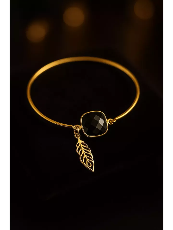 Antipathes – Bracelet - Plume de Paon et Cabochon Noir en Argent 925 ou Doré