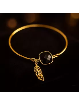 Antipathes – Bracelet - Plume de Paon et Cabochon Noir en Argent 925 ou Doré