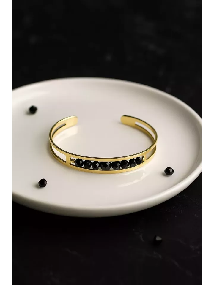Calla- Bracelet  – Doré & Cristaux Noirs | Cadeau élégant pour témoin, maman ou soirée chic