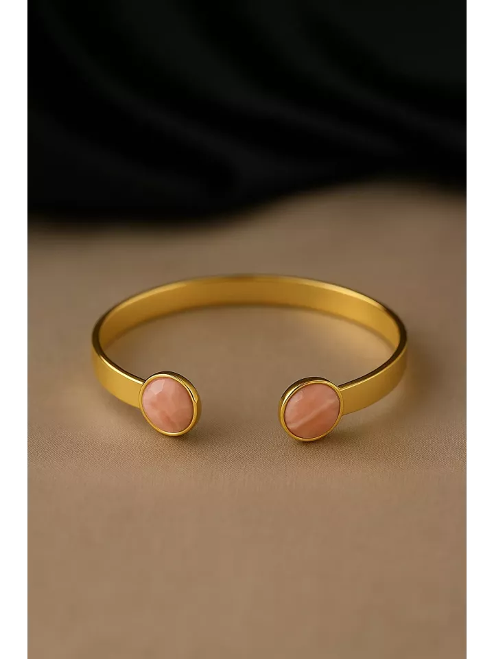 Bracelet Doré à l’Or Fin avec Cabochons en Rhodochrosite – Douceur et Harmonie