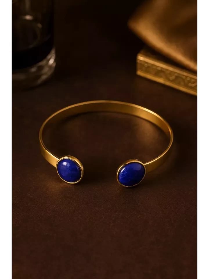 Bracelet en laiton doré à l’or fin avec cabochons en pierre gemme Sodalite – 15 cm, 10 mm