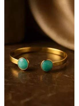 Bracelet en laiton doré à l’or fin avec cabochons en pierre gemme Amazonite – 15 cm, 10 mm