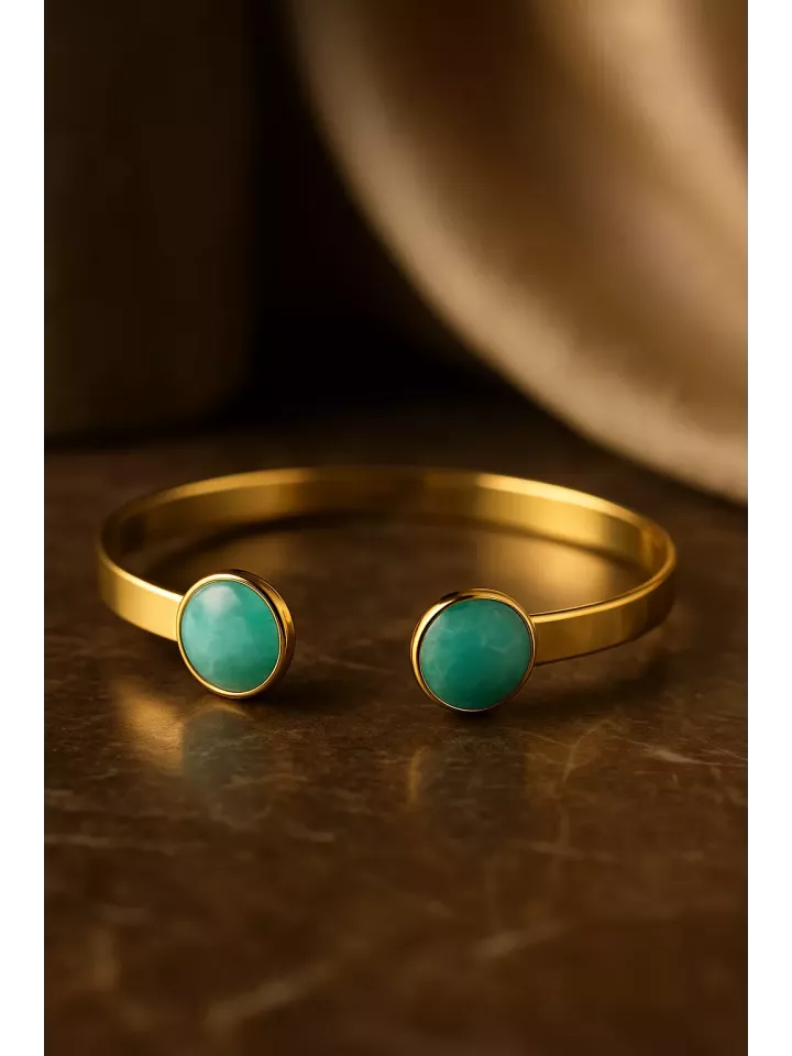 Bracelet en laiton doré à l’or fin avec cabochons en pierre gemme Amazonite – 15 cm, 10 mm