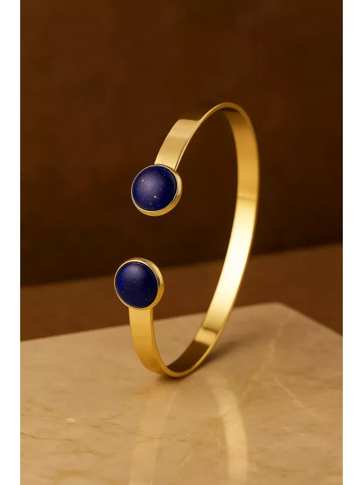 Bracelet en laiton doré à l’or fin avec cabochons en pierre gemme Lapis-Lazuli – 15 cm, 10 mm
