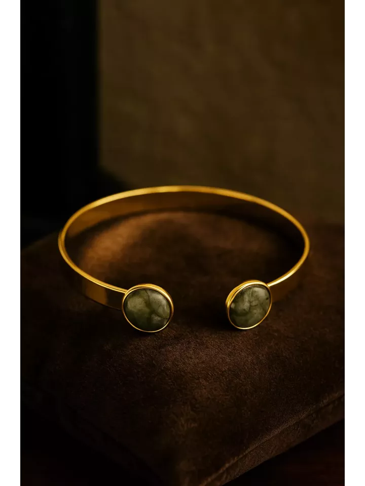 Bracelet en laiton doré à l’or fin avec cabochons en pierre gemme Labradorite – 15 cm, 10 mm