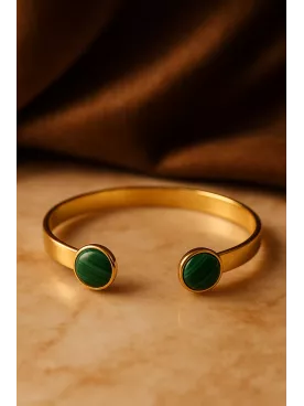 Bracelet en laiton doré à l’or fin avec cabochons en pierre gemme Malachite – 15 cm, 10 mm