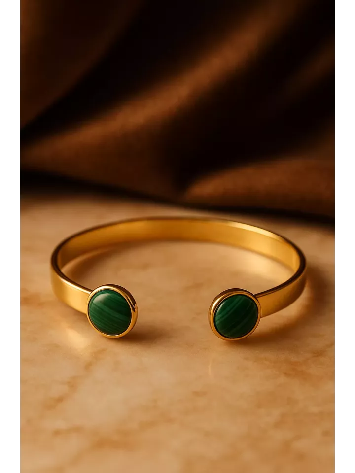 Bracelet en laiton doré à l’or fin avec cabochons en pierre gemme Malachite – 15 cm, 10 mm