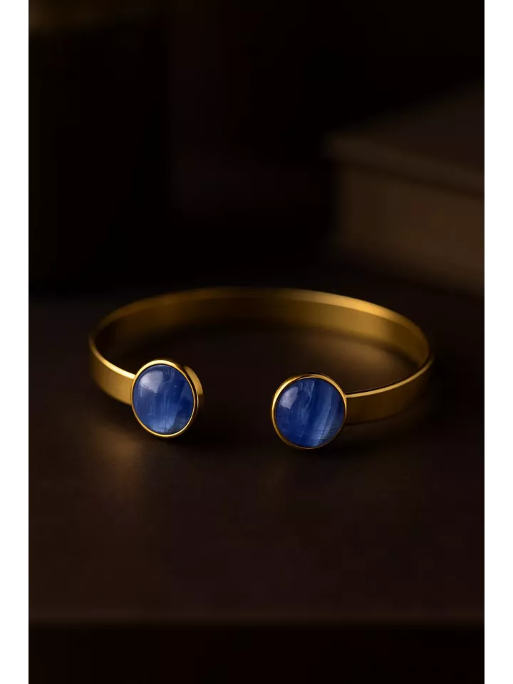 Bracelet en laiton doré à l’or fin avec cabochons en pierre gemme Kyanite – 15 cm, 10 mm