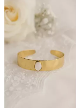 Eden - Bracelet Martelé Doré ou Argenté avec Cabochon Ovale en Quartz Rose – Élégance et Douceur – 12x170 mm, Pierre 10x8 mm