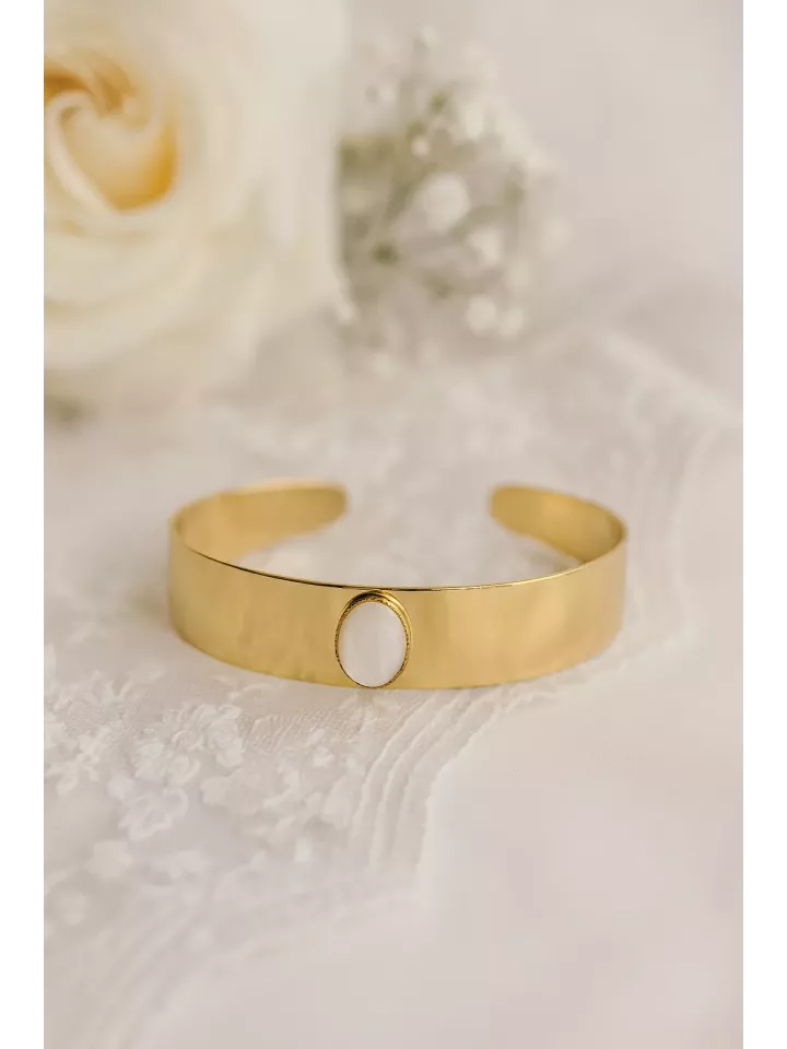 Eden - Bracelet Martelé Doré ou Argenté avec Cabochon Ovale en Quartz Rose – Élégance et Douceur – 12x170 mm, Pierre 10x8 mm