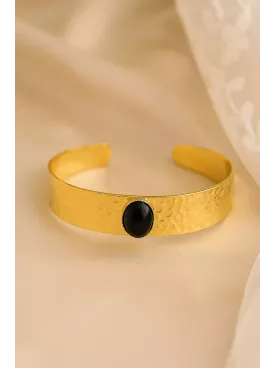 Bracelet Martelé Doré ou Argenté avec Cabochon Ovale en Onyx noir – Élégance et Douceur – 12x170 mm, Pierre 10x8 mm