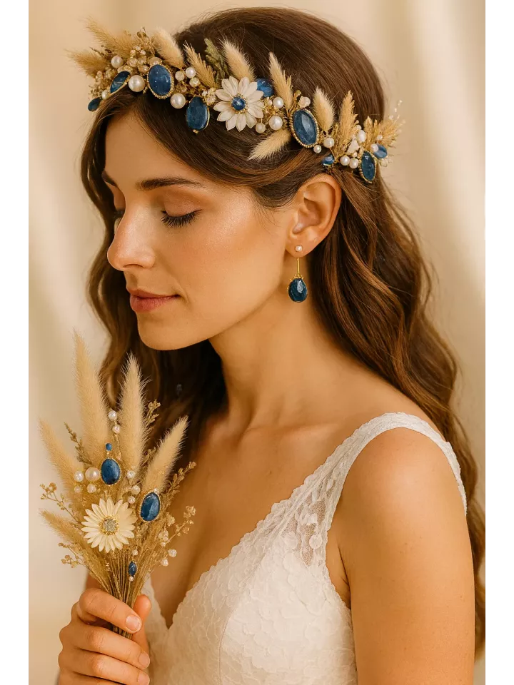 Bleuet - Couronne de Fleurs Séchées  – Couronne Bohème Naturelle pour Mariée ou Invitées