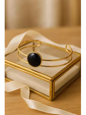 Black– Bracelet Mariée raffiné doré à l’or fin, orné d’une Pierre Black Onyx 15mm