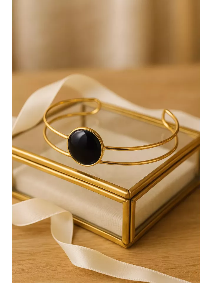 Black– Bracelet Mariée raffiné doré à l’or fin, orné d’une Pierre Black Onyx 15mm