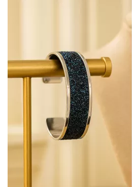 Eurydice – Bracelet mariée ou soirée en laiton aegenté 15 mm avec rebord courbé | Ruban pailleté imitation cuir Blue/Black