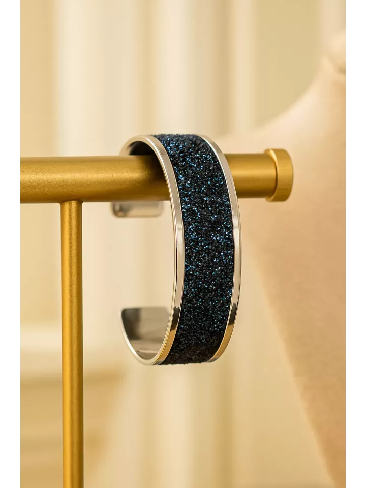 Eurydice – Bracelet mariée ou soirée en laiton aegenté 15 mm avec rebord courbé | Ruban pailleté imitation cuir Blue/Black