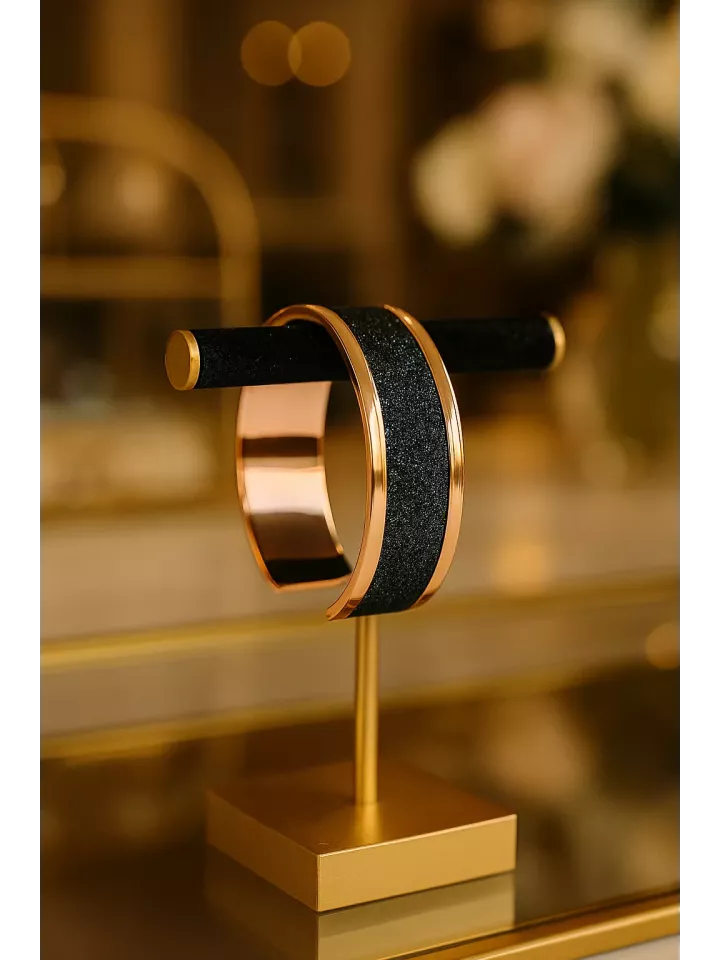 Eurydice – Bracelet mariée ou soirée en laiton doré rose 15 mm avec rebord courbé | Ruban pailleté imitation cuir Blue/Black