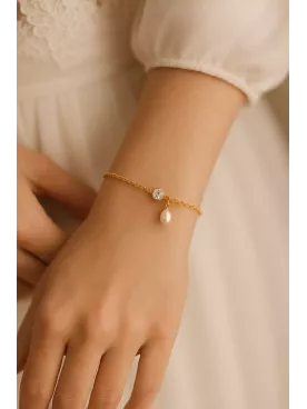 Iguazú - Bracelet mariéée Cabochon Cristal & Goutte Nacrée, Mariage Romantique