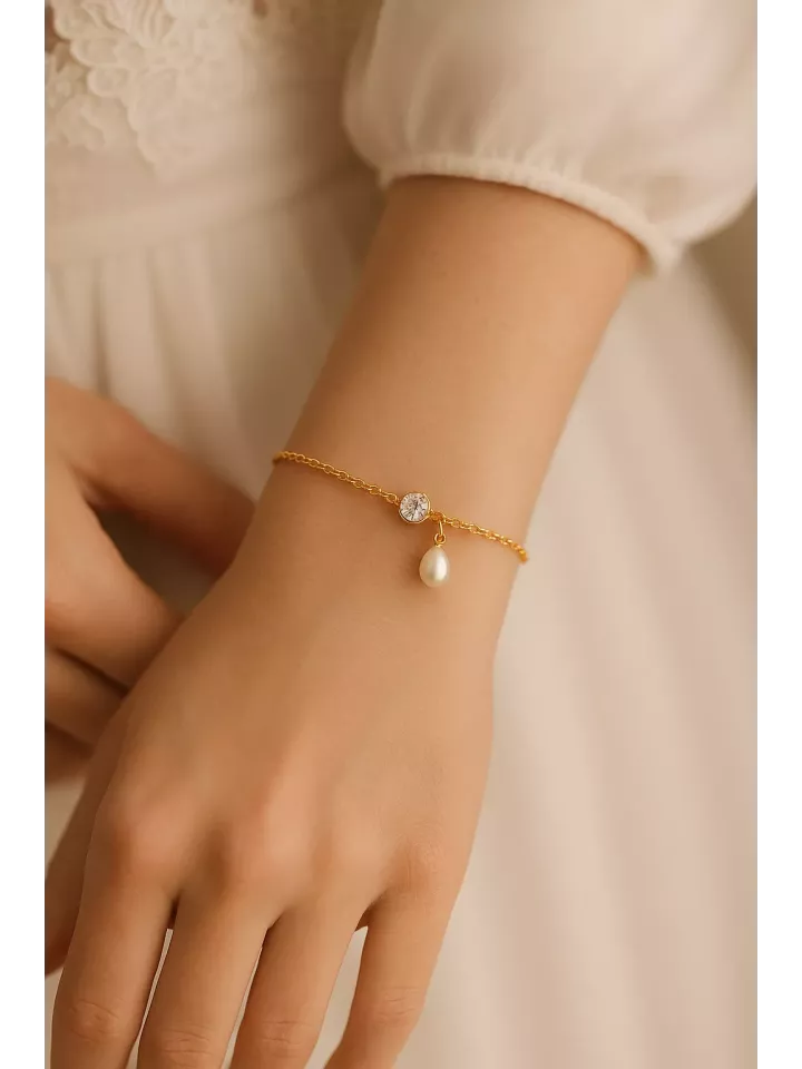 Iguazú - Bracelet mariéée Cabochon Cristal & Goutte Nacrée, Mariage Romantique