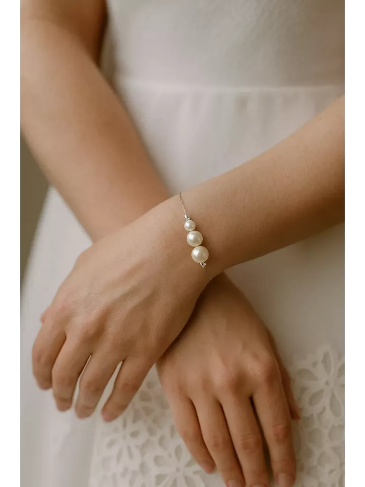 Trio Dégradé- Bracelet Mariée minimaliste sur câble argenté, perles nacrées et fermoir argent 925