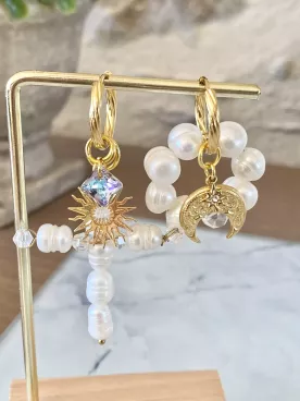 Boucles Soleil & Lune Perlé – Duo Asymétrique Doré– Parfait pour Témoins & Invités