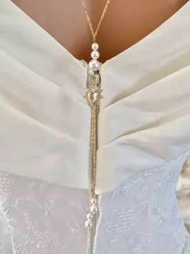 Collier de dos mariée princesse, doré, cristal goutte 24×16 mm, bijoux faits main