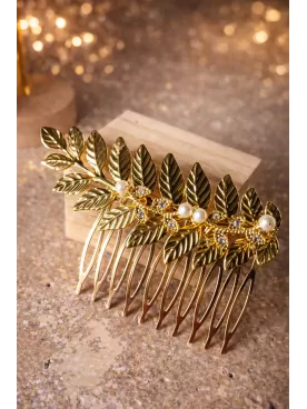 Peigne Reine des Bois – Accessoire de mariée doré avec feuilles et perles