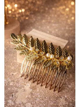 Peigne Reine des Bois – Accessoire de mariée doré avec feuilles et perles