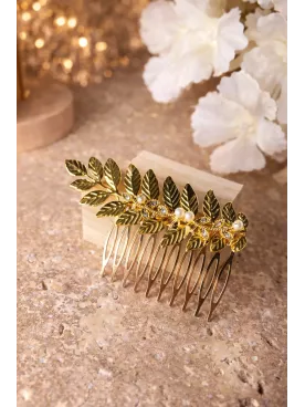 Peigne Reine des Bois – Accessoire de mariée doré avec feuilles et perles