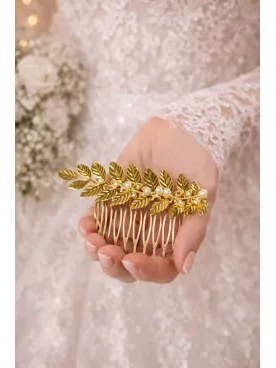 Peigne Reine des Bois – Accessoire de mariée doré avec feuilles et perles