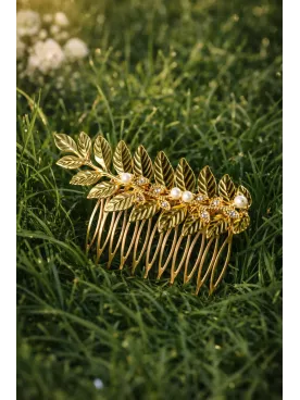 Peigne Reine des Bois – Accessoire de mariée doré avec feuilles et perles