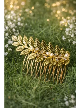 Peigne Reine des Bois – Accessoire de mariée doré avec feuilles et perles