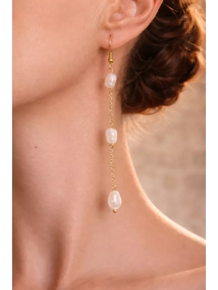 Iséa  - Boucles d’Oreilles  – 3 Perles d’Eau Douce | Mariée | Argenté, Doré ou Gold Rose